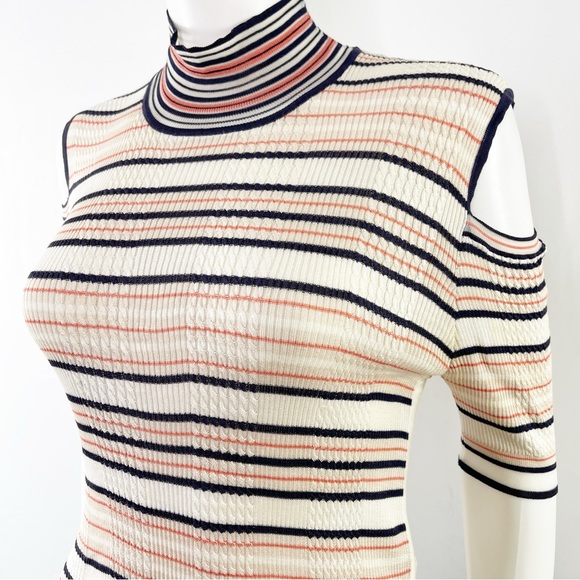 Authentic FENDI Tan Striped Cold Shoulder Mock Neck Sweater Top Size US 8 - Picture 5 of 14